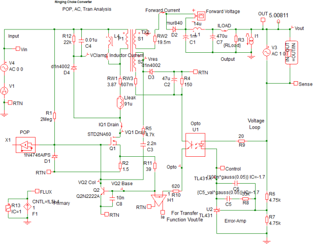 Self Oscillating Converter Schematic for Transient, POP, and AC Analysis